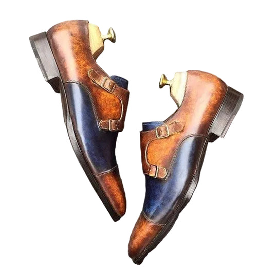 Men's Brown & Blue Patina Leather Double Monk Shoes