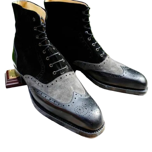 Men's Grey & Black Suede Leather Wingtip Boots