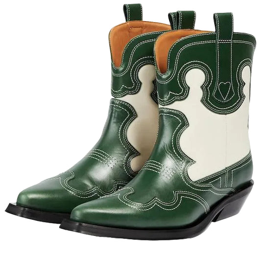 Genuine Green & White Leather Cowboy Horse Riding Boots
