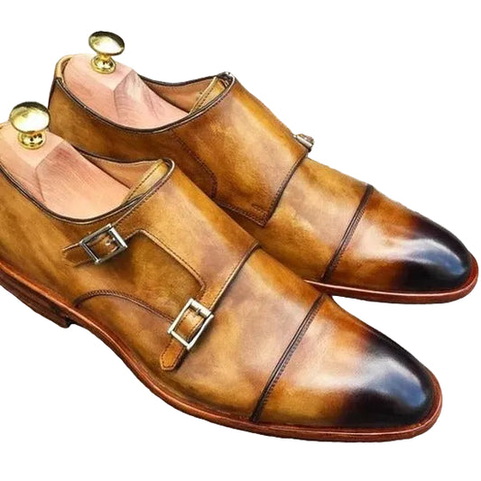 Men's Tan Patina Leather Double Monk Formal Shoes