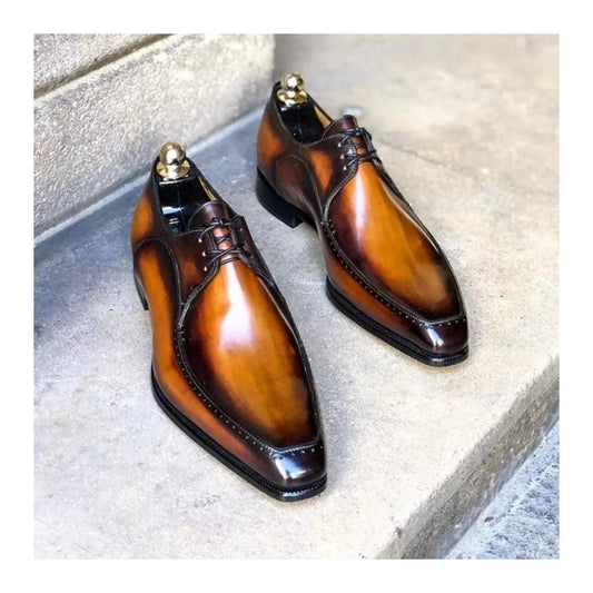 Men's Tan Brown Patina Leather Derby Shoes