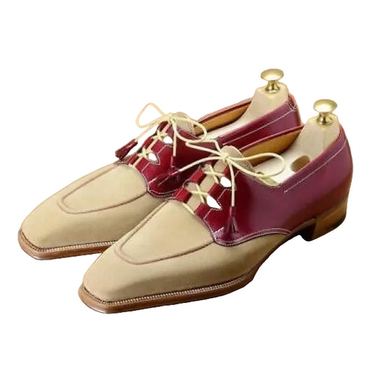 Men's Beige & Burgundy Suede Leather Dress Shoes
