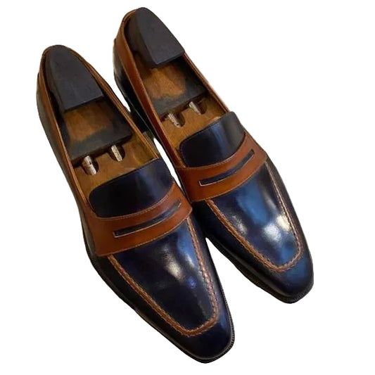Men's Dual Tone Black & Brown Leather Penny Loafers