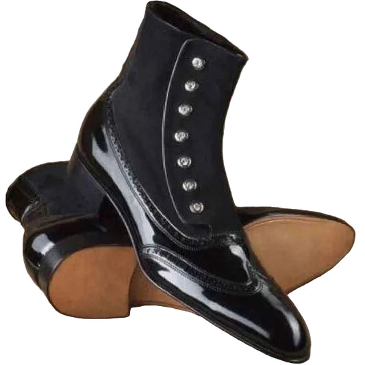 Men's Black Patent Leather Ankle High Button Boots