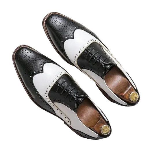 Men's Black & White Leather Wingtip Spectator Shoes