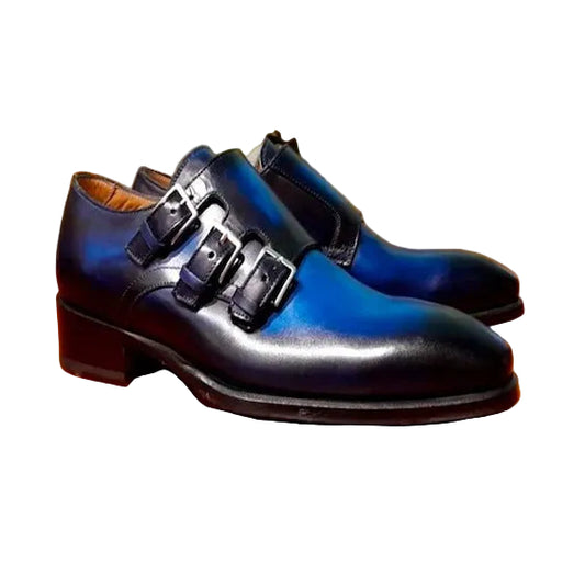 Men's Blue Patina Leather Triple Monk Dress Shoes