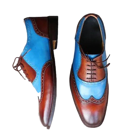 Men's Brown & Blue Leather Wingtip Oxford Shoes