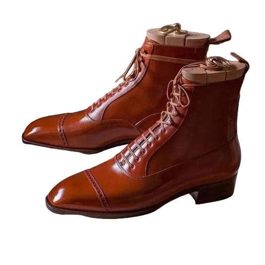 Men's Brown Leather Cap Toe Ankle High Dress Boots