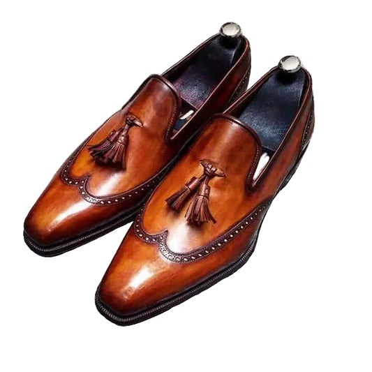 Men's Brown Patina Leather Wingtip Oxford Tassel Loafers