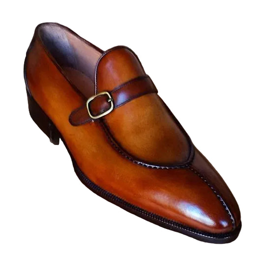 Men's Brown Patina Leather Monk Buckle Loafers