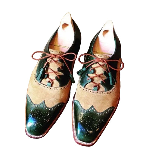 Men's Green & Beige Suede Leather Wingtip Oxford Shoes