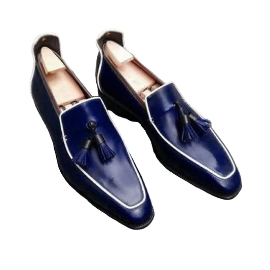 Men's Navy Blue Leather Tasseled Moccasin Loafers