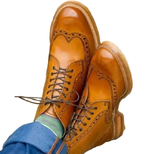 Men's Tan Brown Leather Wingtip Ankle High Boots