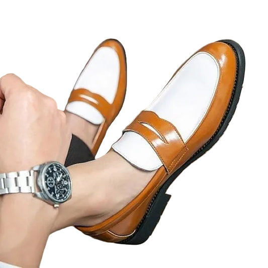 Men's Tan Brown & White Leather Penny Loafers