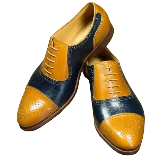 Men's Tan & Navy Blue Leather Brogue Cap Toe Oxford Shoes