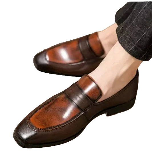 Men's Dual Tone Brown Patina Leather Penny Loafers