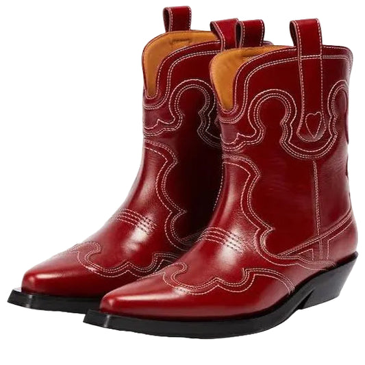 Genuine Red Leather Cowboy Horse Riding Boots