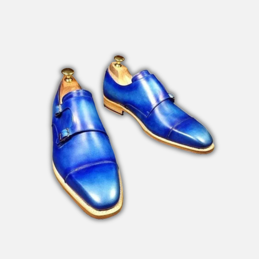 Men's Genuine Blue Leather Double Monk Shoes
