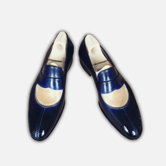 Men's Blue & Beige Patina Leather Moccasin Loafers
