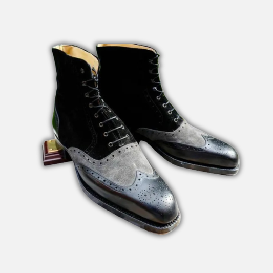 Men's Grey & Black Suede Leather Wingtip Boots