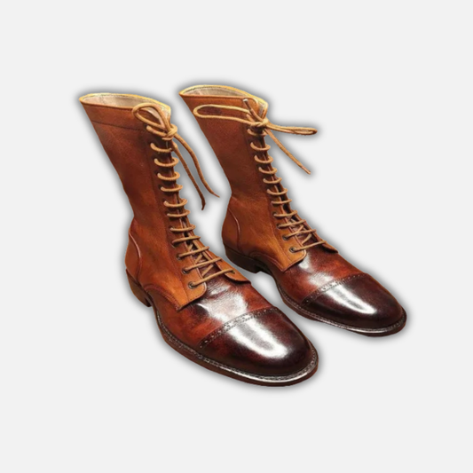 Men's Brown Leather Calf High Military Boots