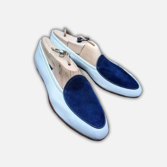 Men's White & Blue Leather Slip On Loafers