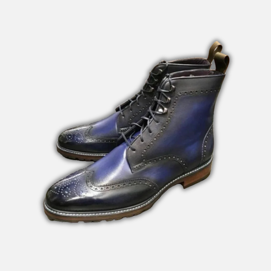 Handmade Men's Blue Patina Leather Wingtip Boots