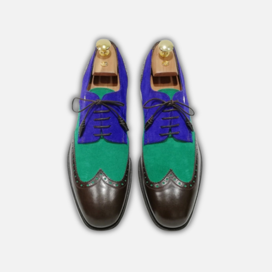 Handmade Men's Tri Tone Suede Leather Wingtip Oxford Shoes