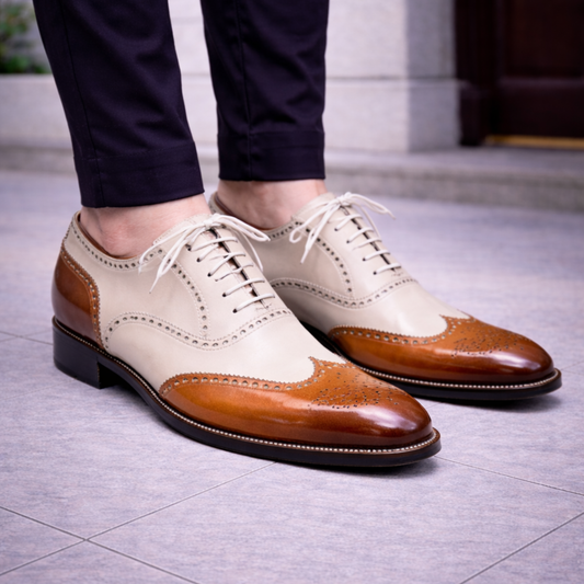 Men's Tan & White Leather Wingtip Dress Shoes