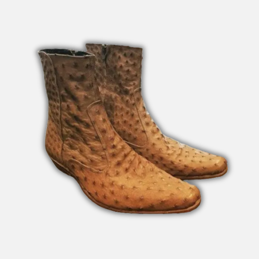 Men's Tan Zipper Closure Ostrich Leather Boots