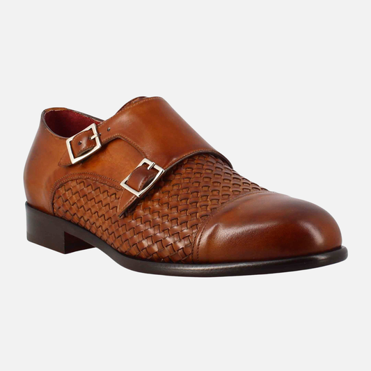 Men's double buckle shoe in sienna brown woven leather