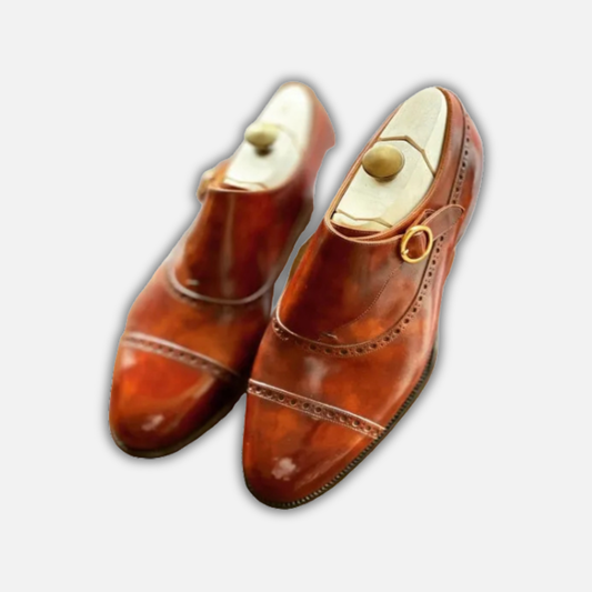 Handmade Men's Brown Leather Monk Buckle Shoes