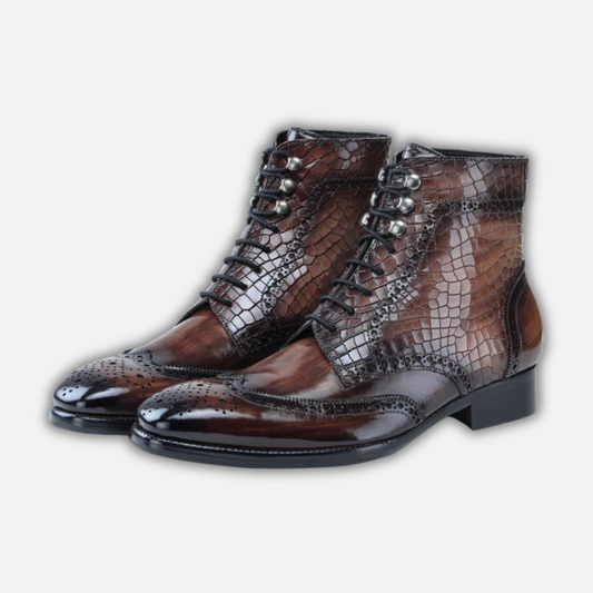 Wingtip Lace Up Boots- Croc Brown