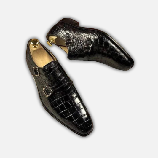 Men's Black Crocodile Texture Leather Monk Shoes
