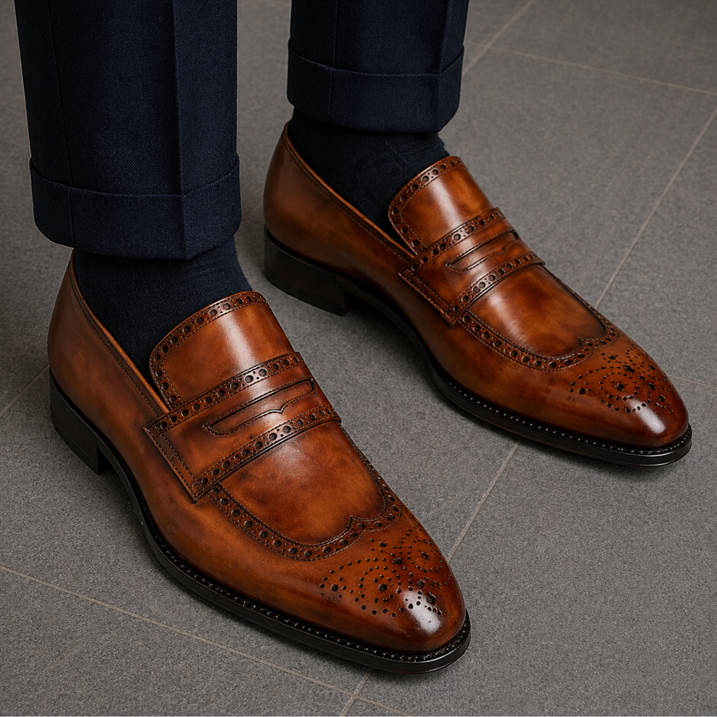 Men's Brown Patina Leather Brogue Penny Loafers