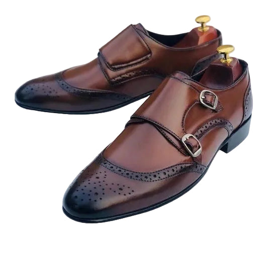 Men's Brown Patina Leather Double Monk Shoes
