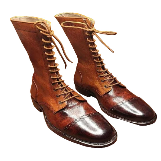 Men's Brown Leather Calf High Military Boots