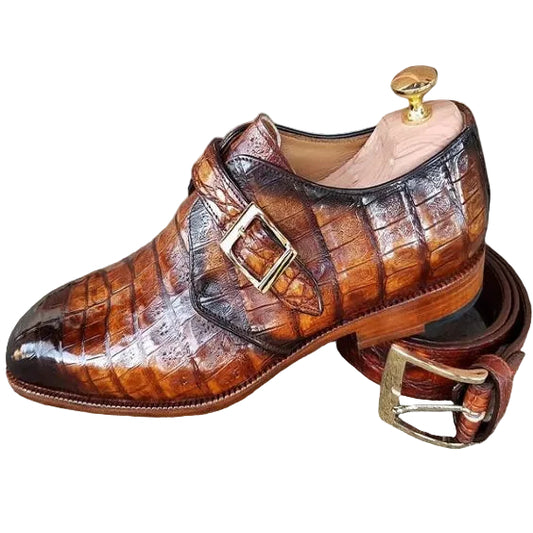 Men's Brown Crocodile Texture Leather Monk Shoes