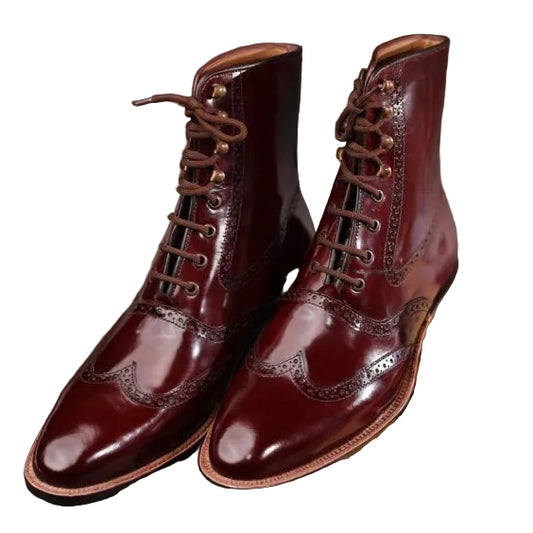 Men's Brown Patina Leather Wingtip Ankle High Boots