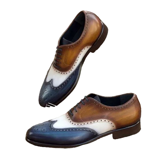 Men's Tri Tone Patina Leather Wingtip Oxford Shoes