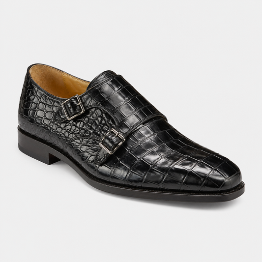 Men's Black Crocodile Texture Leather Monk Shoes
