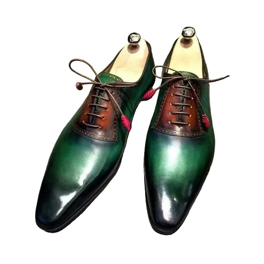 Men's Green & Brown Patina Leather Oxford Shoes
