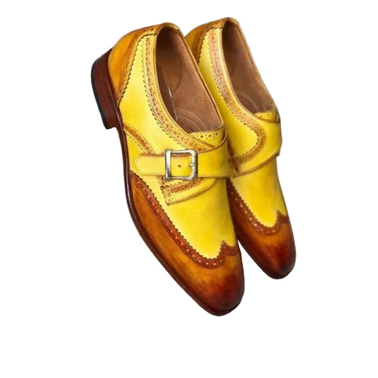 Handmade Men's Brown & Yellow Leather Monk Buckle Shoes