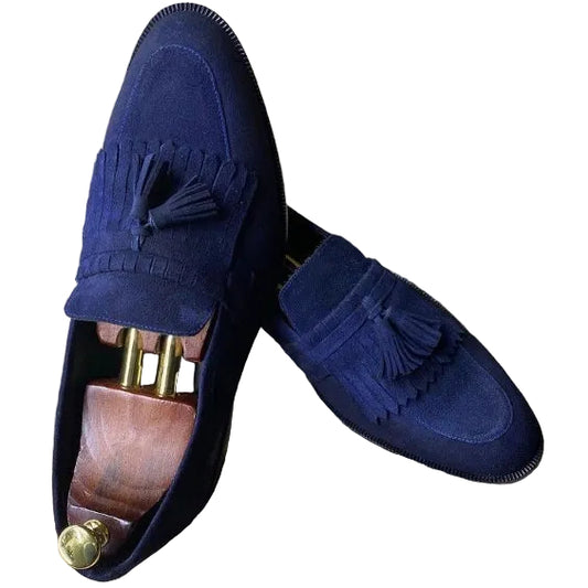 Men's Navy Blue Suede Fringed Tassel Loafers