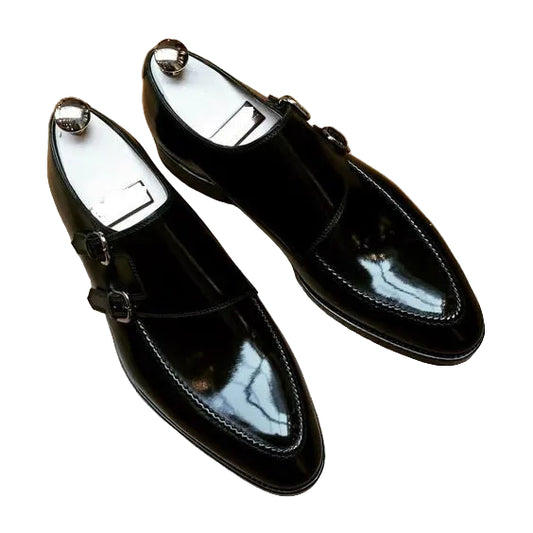 Men's Genuine Black Leather Double Monk Shoes