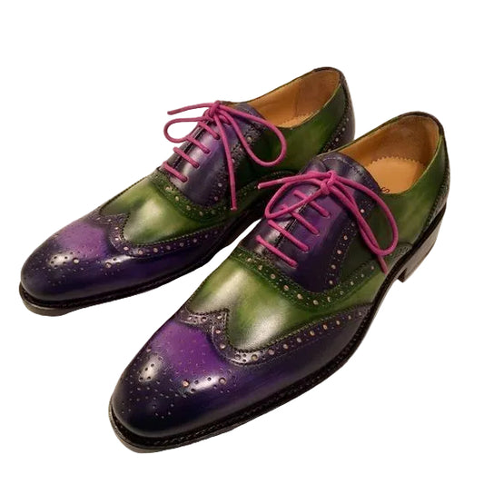 Men's Purple & Green Patina Leather Wingtip Oxford Brogue Shoes