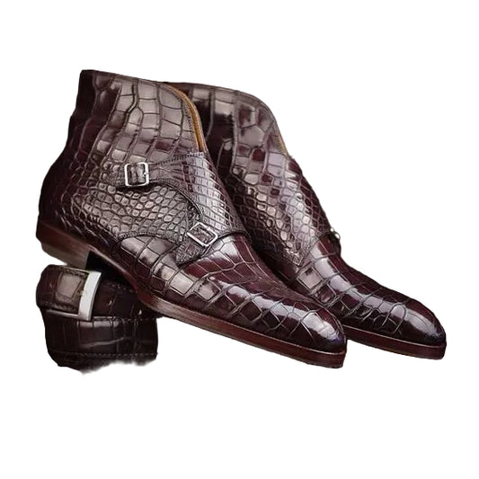 Men's Dark Brown Alligator Texture Leather Boots