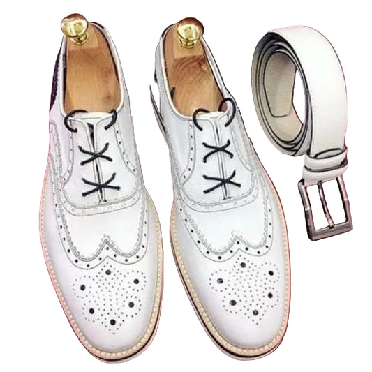 Men's Luxury White & Black Leather Wingtip Oxford Shoes