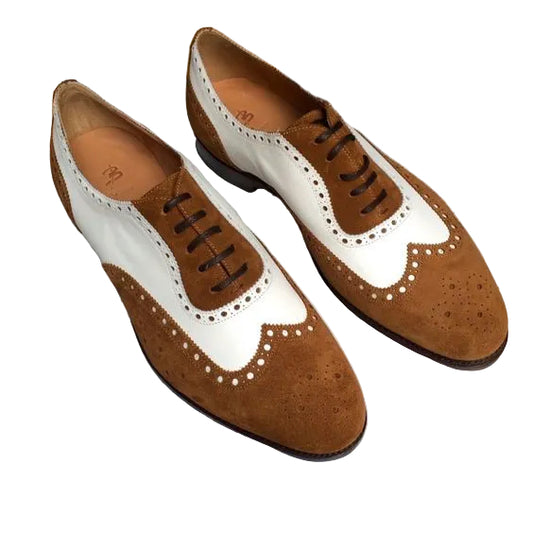 Men's Brown & White Suede Leather Wingtip Shoes