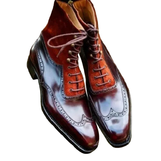 Men's Brown Suede Leather Ankle High Wingtip Boots